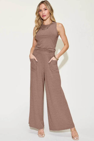 Basic Bae Full Size Ribbed Tank and Wide Leg Pants Set - Just Believe Boutique
