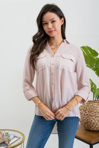 PLUS STRIPE COLLARED BUTTON DOWN LIGHTWEIGHT SHIRT: BLUE