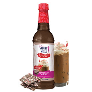 Jordan's Skinny Mixes sugar-free peppermint mocha syrup bottle with foil packets and mocha drink in glass