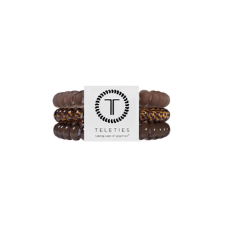 Teleties small spiral hair ties in Morning Brew coffee brown, shown as a set