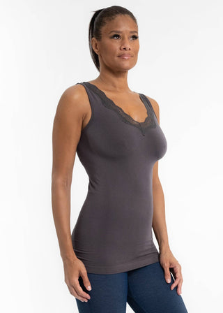 Lace Trim V Neck Tank: Charcoal