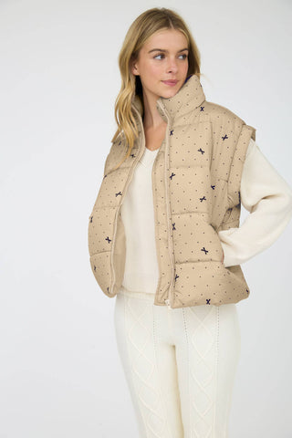 Khaki polka-dot bow print puffer vest with hooded stand collar and zipper