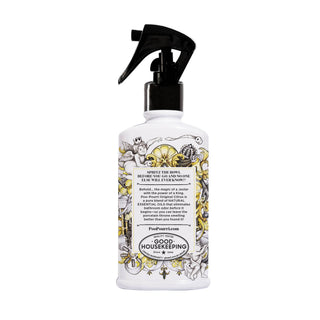 Toilet spray bottle with black sprayer, white bottle, citrus fragrance label