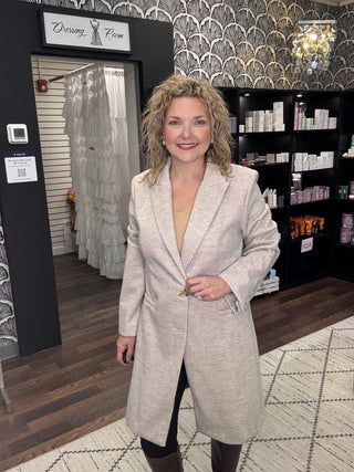 Light Chevron Pattern Double Button Coat – Earth Grey – model photo