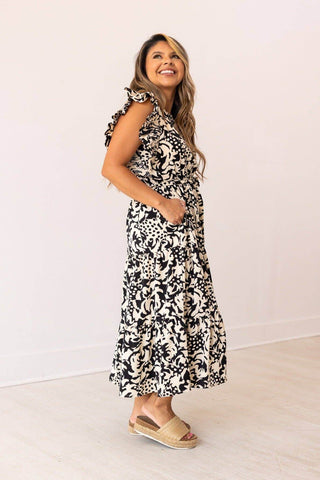 Beige and Black Abstract Dress - Just Believe Boutique