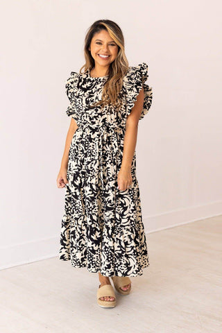 Beige and Black Abstract Dress - Just Believe Boutique