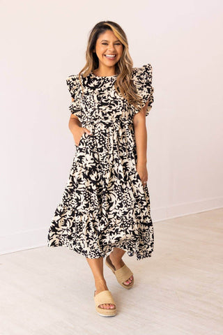 Beige and Black Abstract Dress - Just Believe Boutique