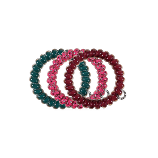 Teleties large spiral hair ties in Harvest Hues teal, berry plaid and burgundy, front view