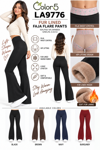 Color 5 fur lined faja waist control flare pants feature chart