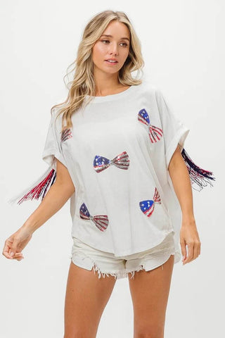 BiBi American Flag Sequin Ribbon T-Shirt - Just Believe Boutique