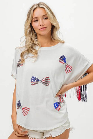 BiBi American Flag Sequin Ribbon T-Shirt - Just Believe Boutique
