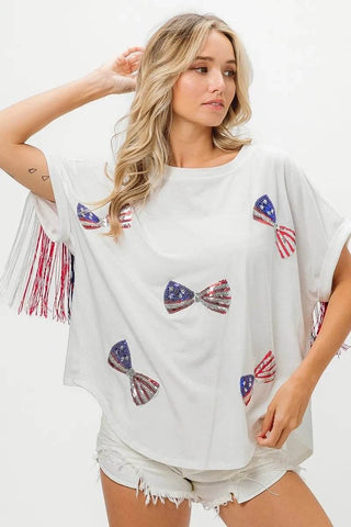 BiBi American Flag Sequin Ribbon T-Shirt - Just Believe Boutique