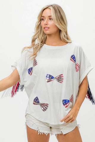 BiBi American Flag Sequin Ribbon T-Shirt - Just Believe Boutique