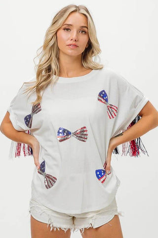 BiBi American Flag Sequin Ribbon T-Shirt - Just Believe Boutique