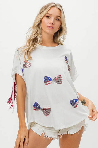 BiBi American Flag Sequin Ribbon T-Shirt - Just Believe Boutique