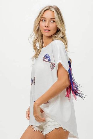 BiBi American Flag Sequin Ribbon T-Shirt - Just Believe Boutique