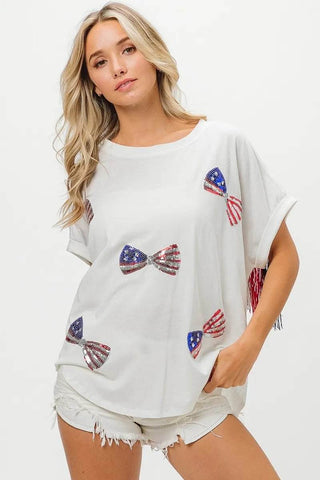BiBi American Flag Sequin Ribbon T-Shirt - Just Believe Boutique