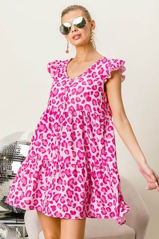 BiBi Leopard Cap Sleeve Tiered Mini Dress - Just Believe Boutique
