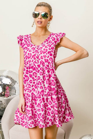 BiBi Leopard Cap Sleeve Tiered Mini Dress - Just Believe Boutique