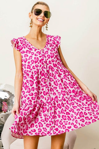 BiBi Leopard Cap Sleeve Tiered Mini Dress - Just Believe Boutique