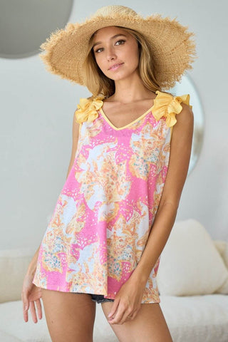 BiBi Printed V Neck Ruffled Tank - Just Believe Boutique
