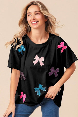 BiBi Sequin Bow Patch Short Sleeve T-Shirt - Just Believe Boutique