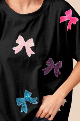 BiBi Sequin Bow Patch Short Sleeve T-Shirt - Just Believe Boutique