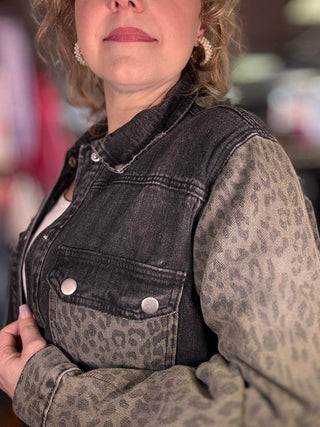 Black Denim Cheetah Jacket - Just Believe Boutique