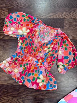 Boho Flower Print Puff Sleeve Peplum - Just Believe Boutique