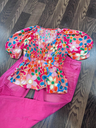 Boho Flower Print Puff Sleeve Peplum - Just Believe Boutique
