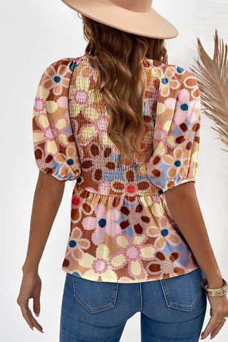Boho Flower Print Puff Sleeve Peplum - Just Believe Boutique