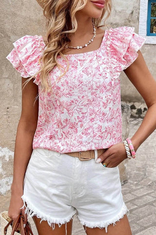 Bow Back Printed Ruffled Cap Sleeve Blouse - Just Believe Boutique
