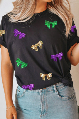 Bow Print Sequin Round Neck Short Sleeve T-Shirt - Just Believe Boutique