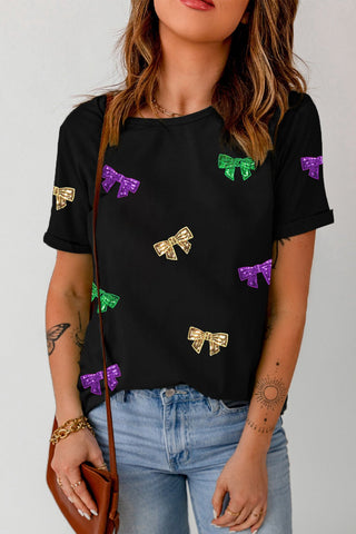 Bow Print Sequin Round Neck Short Sleeve T-Shirt - Just Believe Boutique