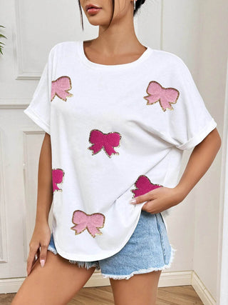 Bow Round Neck Casual T-Shirt - Just Believe Boutique