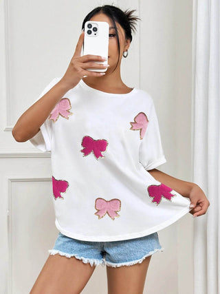 Bow Round Neck Casual T-Shirt - Just Believe Boutique
