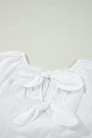 Bow Round Neck Three-Quarter Sleeve Blouse - Just Believe Boutique