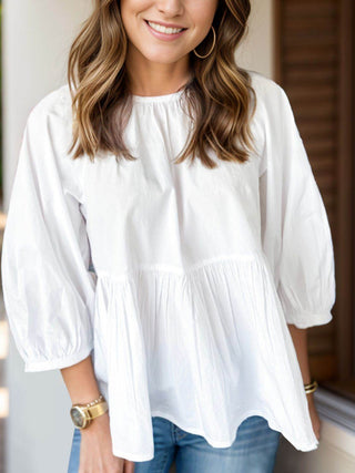 Bow Round Neck Three-Quarter Sleeve Blouse - Just Believe Boutique