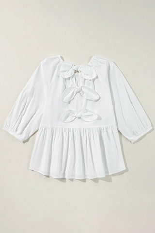 Bow Round Neck Three-Quarter Sleeve Blouse - Just Believe Boutique