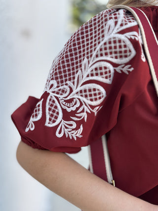 Burgundy Top with Embroidered Sleeve – model photo