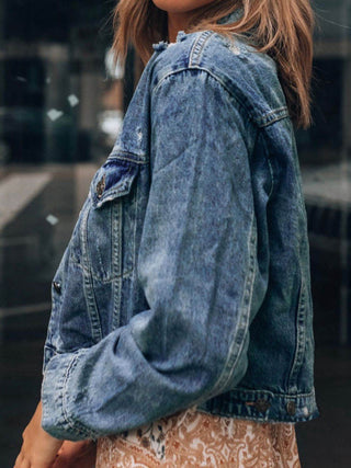 Button Up Collared Neck Distressed Denim Jacket - Just Believe Boutique