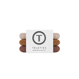 Teleties small nylon hair ties in Espresso Yourself brown, packaging and logo detail
