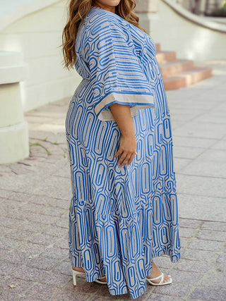 1 the Woman - Print Contrast Trim V Neck Bracelet Sleeve Plus Size Dress