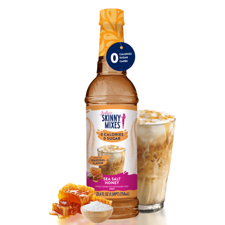 Jordan's Skinny Mixes sea salt honey syrup bottle with orange patterned cap and clear label