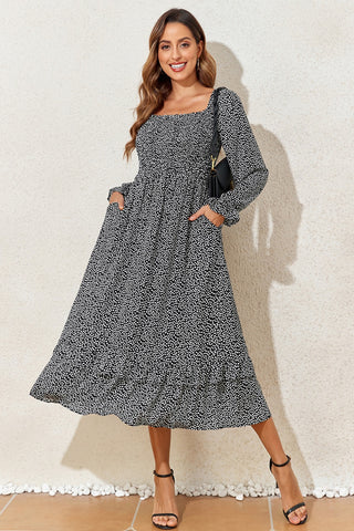 Printed Square Neck Long Sleeve Midi Dress