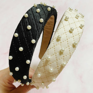 Quilted Elegance Pearl Headband: Noble Black