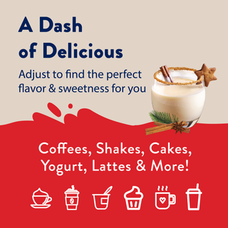 Jordan's Skinny Mixes Sugar Free Eggnog Syrup – eggnog drink with a cinnamon stick and star-shaped cookie; graphic suggests adding syrup to drinks and desserts