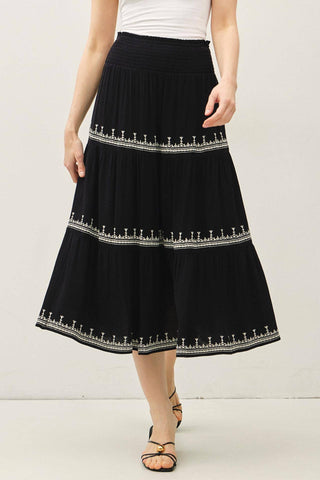 EMBROIDERED DETAIL TRI-TIER MIDI SKIRT