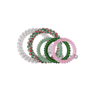 TELETIES mixed-color hair ties: clear, green, and pink coiled bands