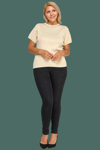 Pearl & Rhinestone Embellished Knit Sweater Top